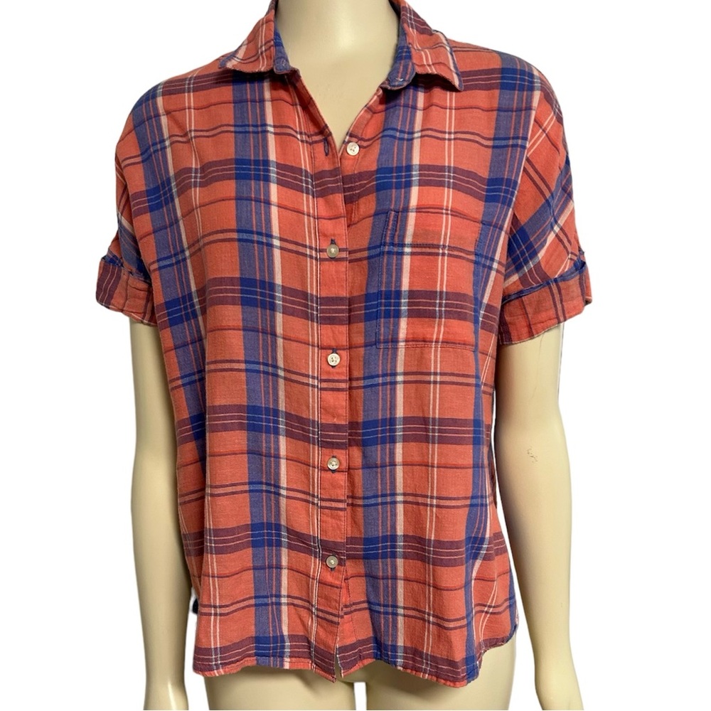 Old Navy Orange Blue Plaid Short Sleeve Button Shirt Womens‎ XS.